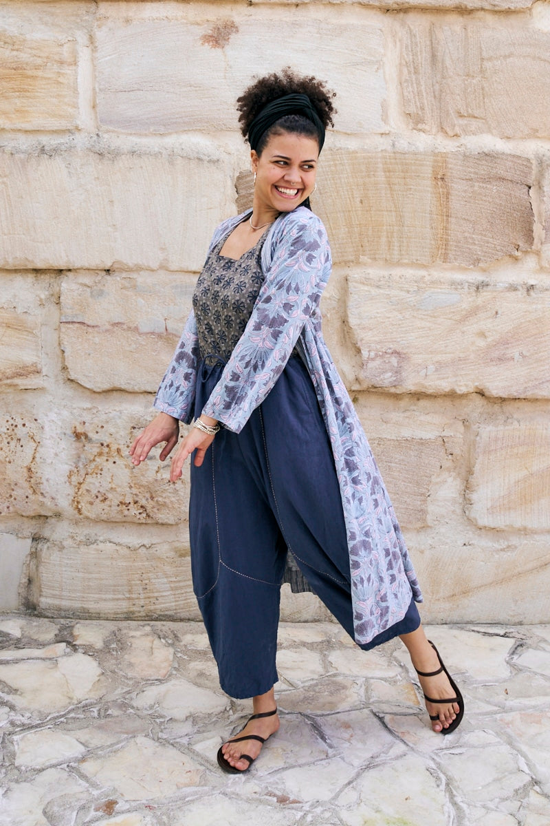 Womens, Tula Coat in Kamala, Sol Pants in Boho Blue and Lola Top in Dandelion. 100% cotton, hand block print.