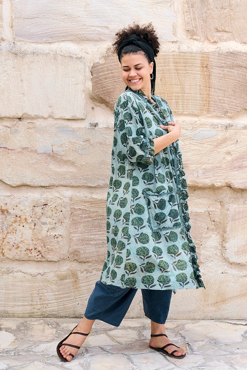 Womens, Shimla Coat in Naspal Figaris, Sol Pants in Boho Blue and Lola Top in Dandelion. 100% cotton, hand block print.