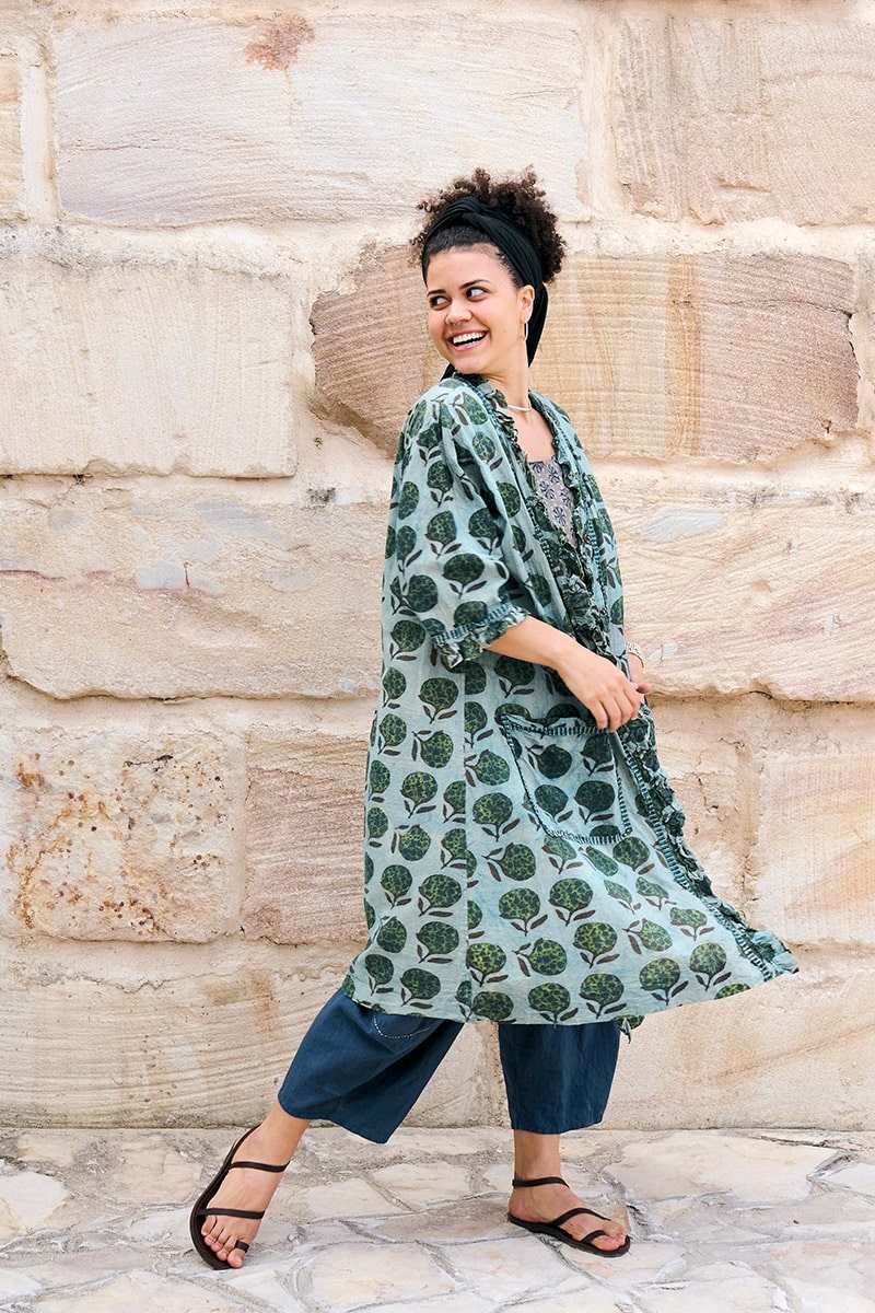 Womens, Shimla Coat in Naspal Figaris, Sol Pants in Boho Blue and Lola Top in Dandelion. 100% cotton, hand block print.