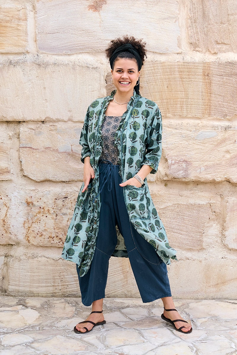 Womens, Shimla Coat in Naspal Figaris, Sol Pants in Boho Blue and Lola Top in Dandelion. 100% cotton, hand block print.