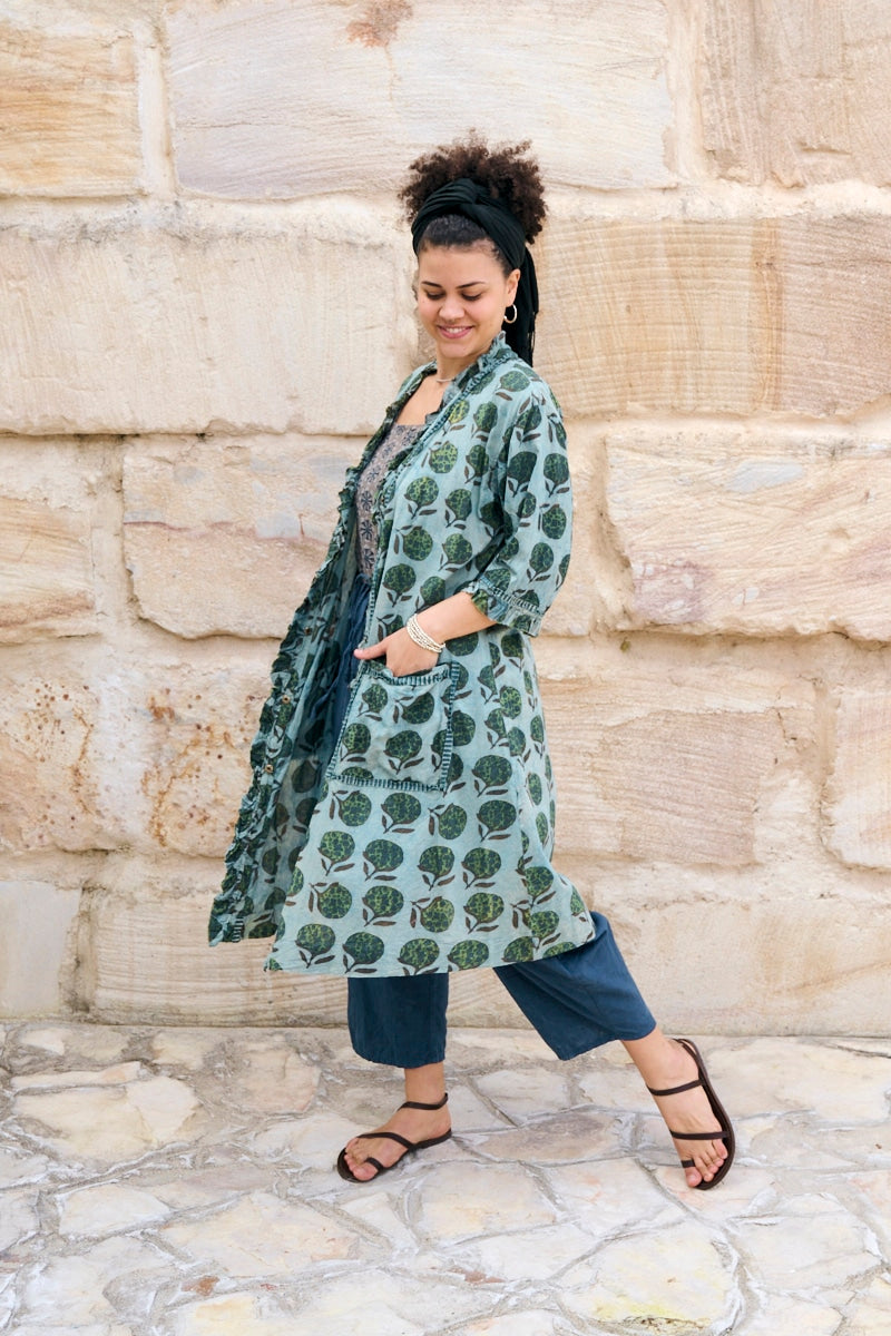 Womens, Shimla Coat in Naspal Figaris, Sol Pants in Boho Blue and Lola Top in Dandelion. 100% cotton, hand block print.