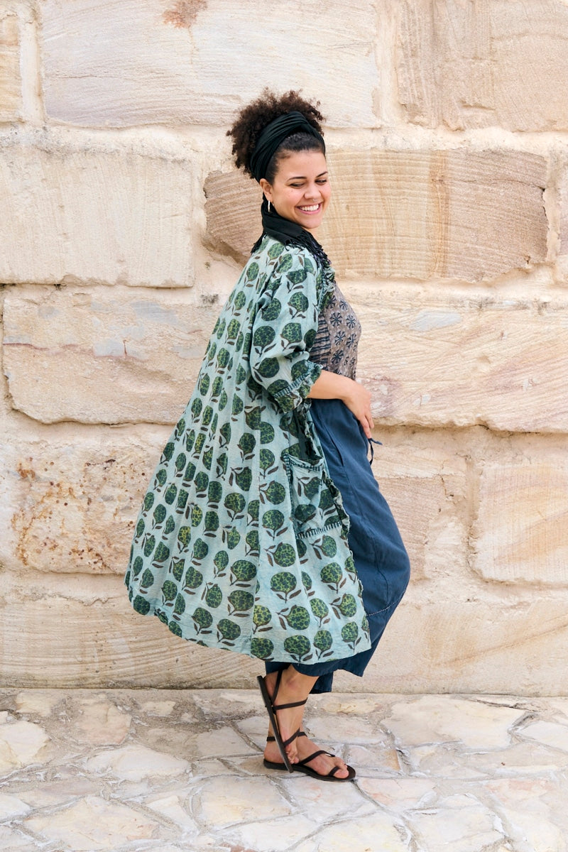 Womens, Shimla Coat in Naspal Figaris, Sol Pants in Boho Blue and Lola Top in Dandelion. 100% cotton, hand block print.