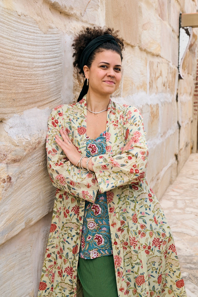 Womens, Tula Coat in Rumi, Avanna Pants in Juniper and Sita Tunic in Celeste. 100% cotton, hand block print.