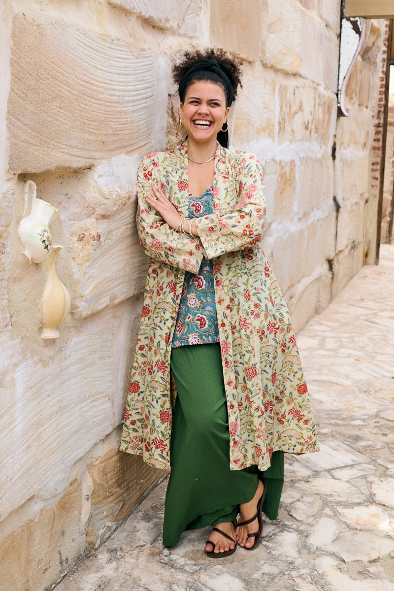 Womens, Tula Coat in Rumi, Avanna Pants in Juniper and Sita Tunic in Celeste. 100% cotton, hand block print.
