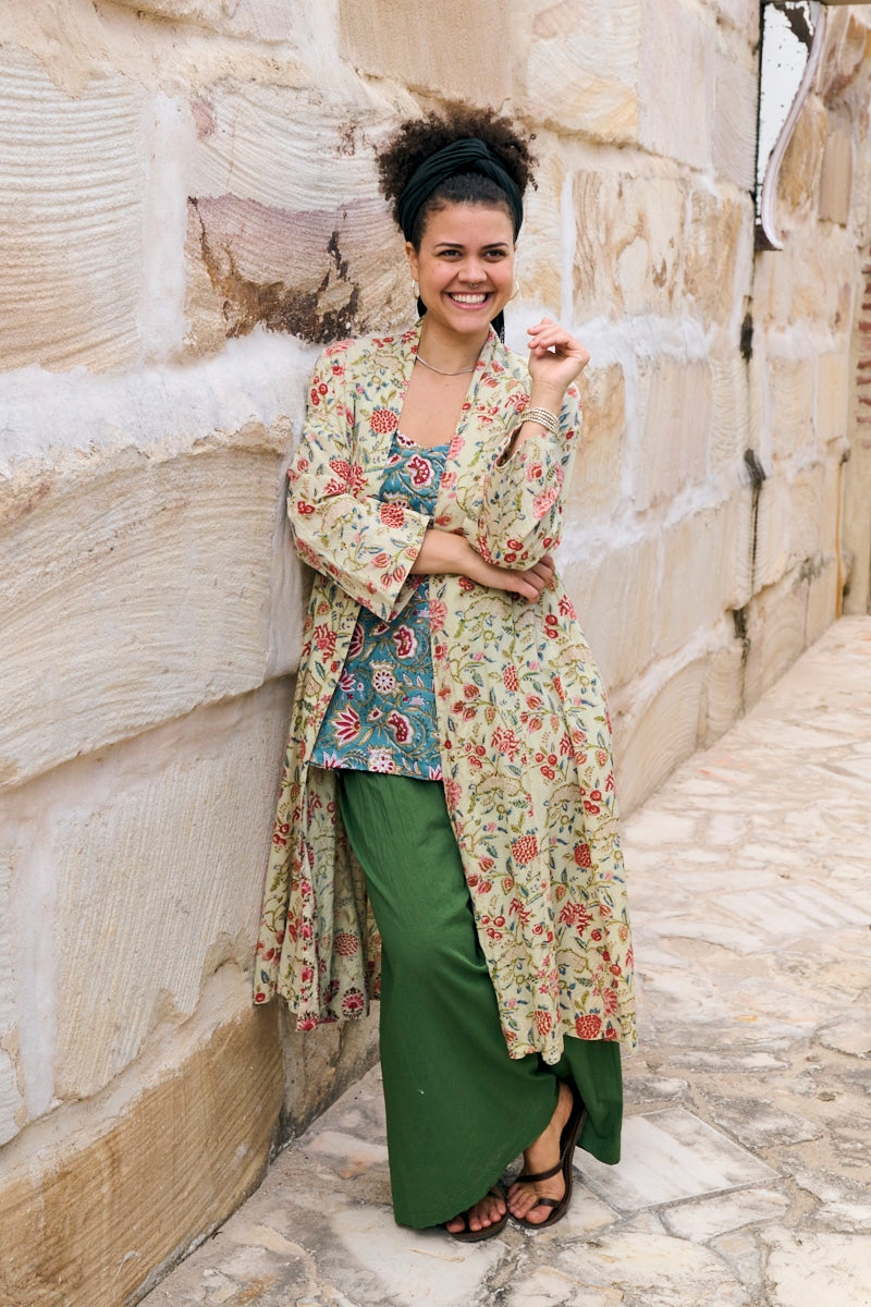 Womens, Tula Coat in Rumi, Avanna Pants in Juniper and Sita Tunic in Celeste. 100% cotton, hand block print.