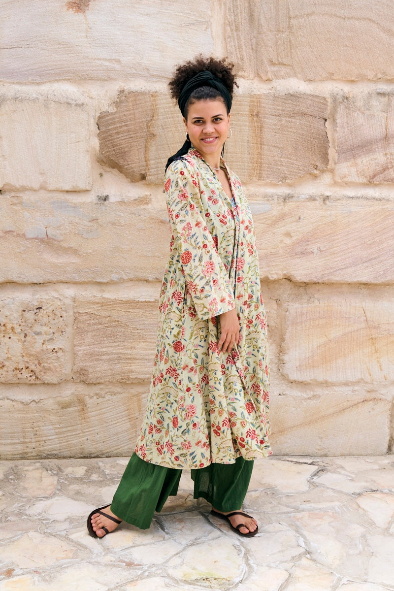 Womens, Tula Coat in Rumi, Avanna Pants in Juniper and Sita Tunic in Celeste. 100% cotton, hand block print.
