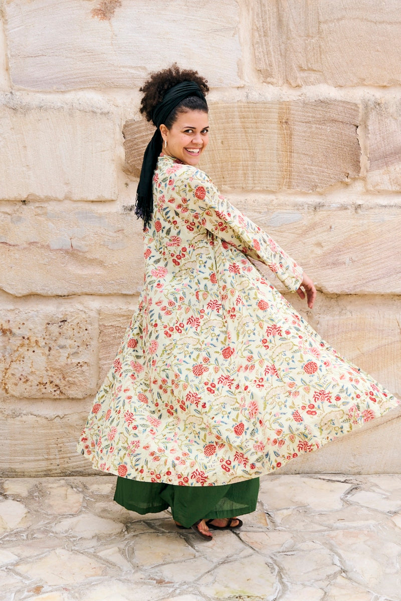 Womens, Tula Coat in Rumi, Avanna Pants in Juniper and Sita Tunic in Celeste. 100% cotton, hand block print.