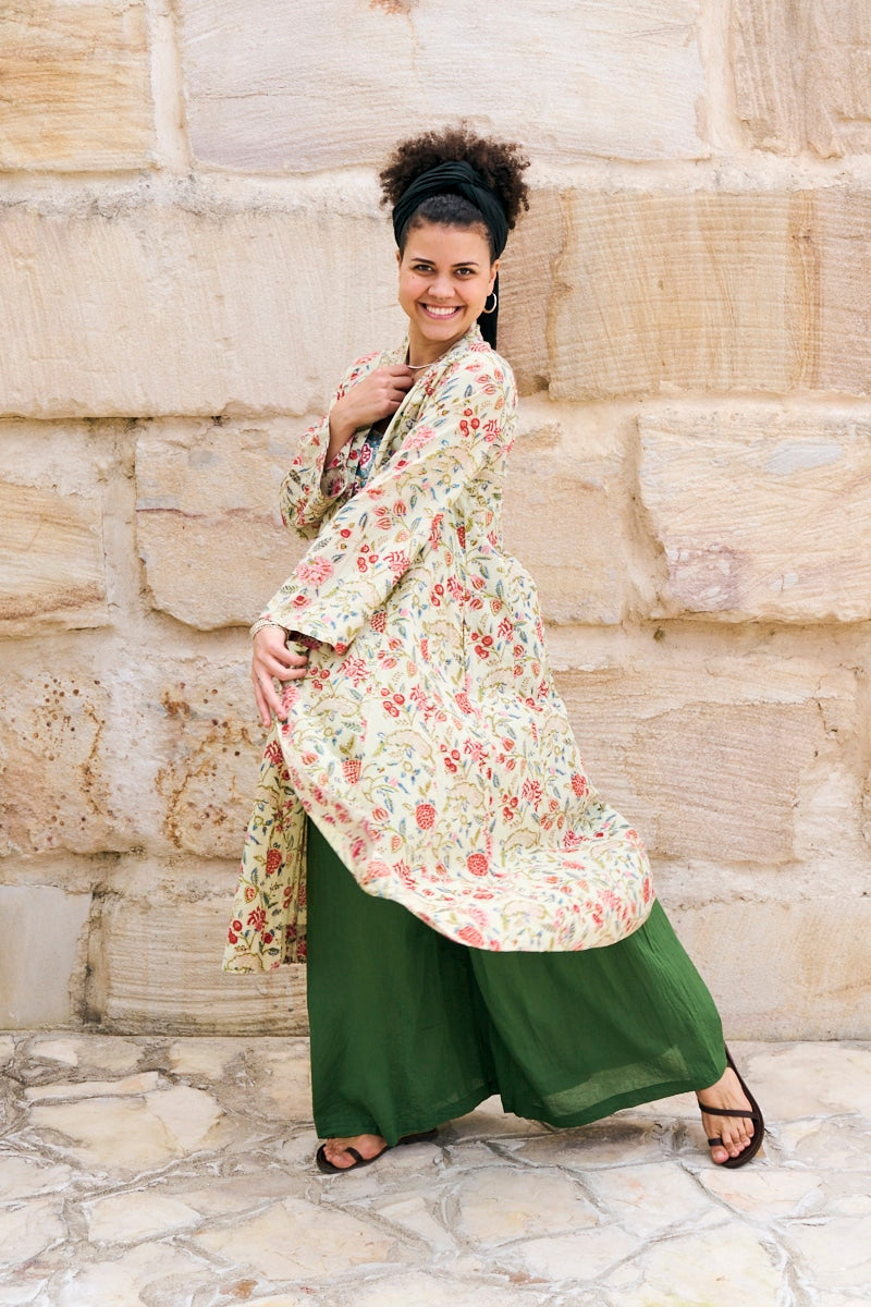 Womens, Tula Coat in Rumi, Avanna Pants in Juniper and Sita Tunic in Celeste. 100% cotton, hand block print.