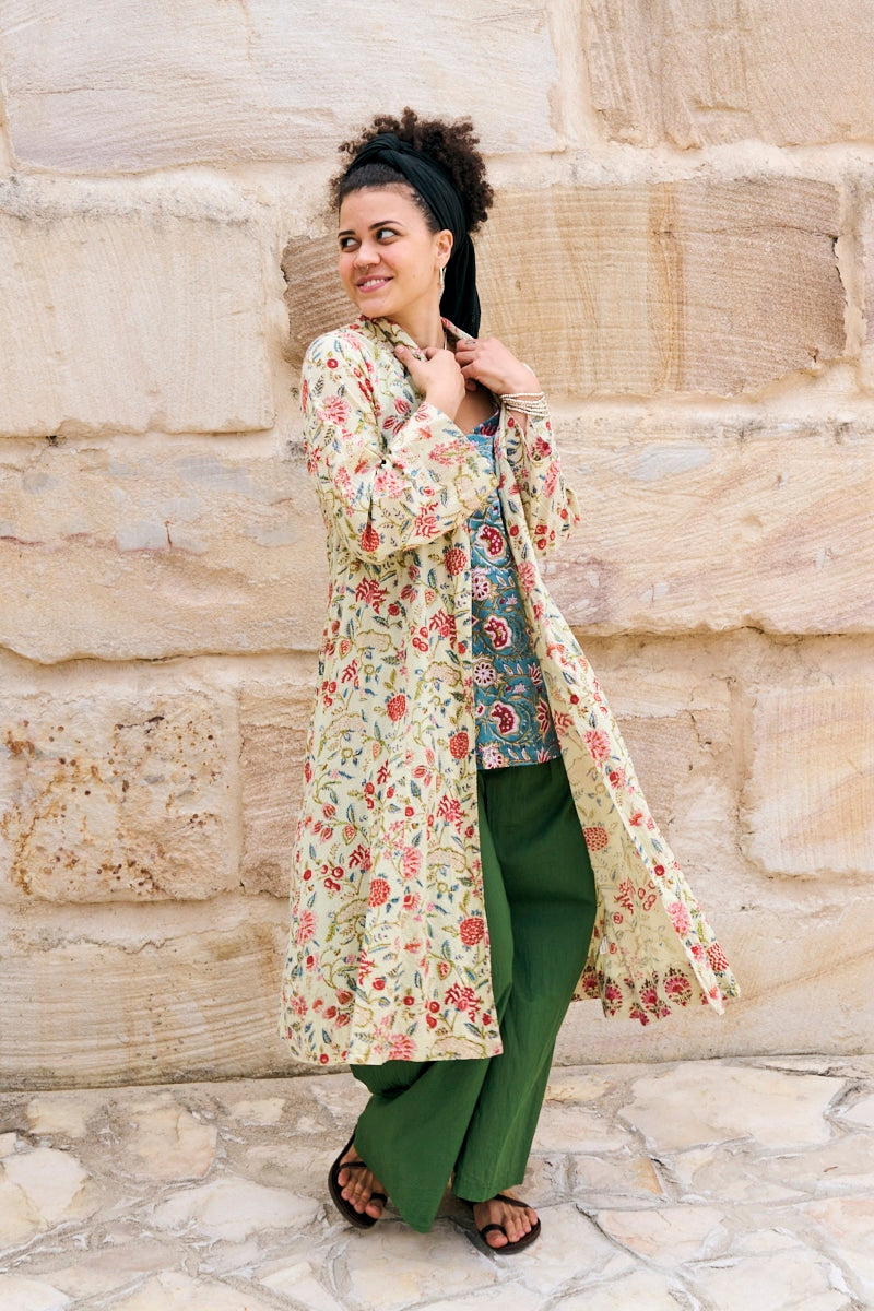 Womens, Tula Coat in Rumi, Avanna Pants in Juniper and Sita Tunic in Celeste. 100% cotton, hand block print.