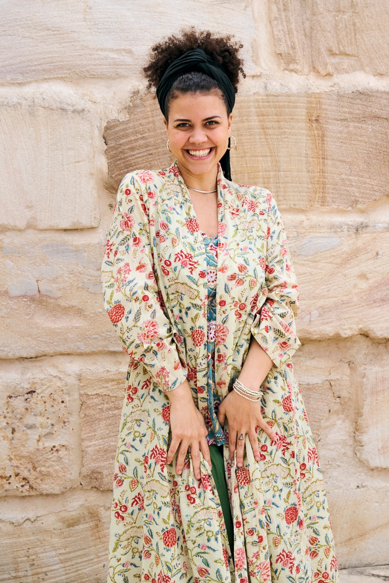 Womens, Tula Coat in Rumi, Avanna Pants in Juniper and Sita Tunic in Celeste. 100% cotton, hand block print.