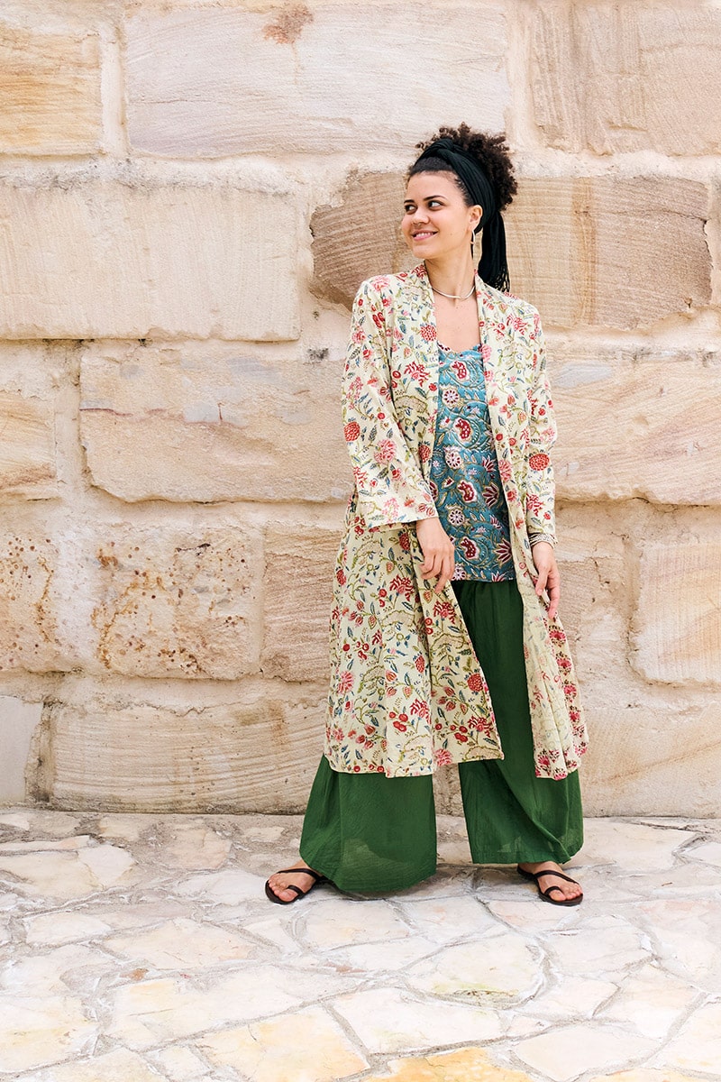 Womens, Tula Coat in Rumi, Avanna Pants in Juniper and Sita Tunic in Celeste. 100% cotton, hand block print.