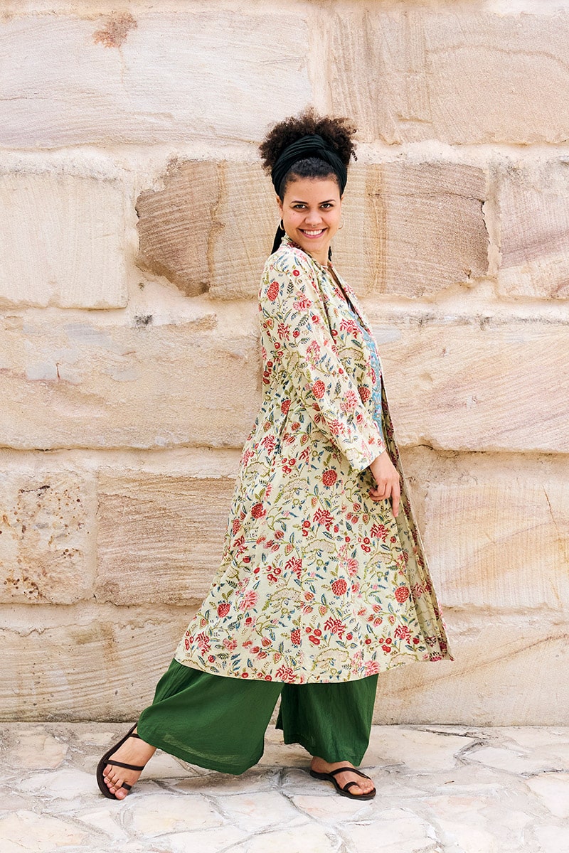 Womens, Tula Coat in Rumi, Avanna Pants in Juniper and Sita Tunic in Celeste. 100% cotton, hand block print.