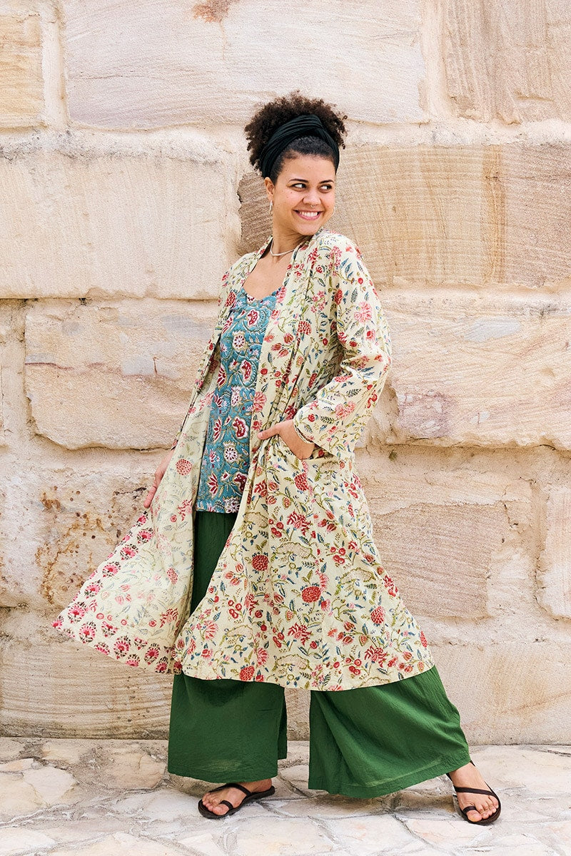 Womens, Tula Coat in Rumi, Avanna Pants in Juniper and Sita Tunic in Celeste. 100% cotton, hand block print.