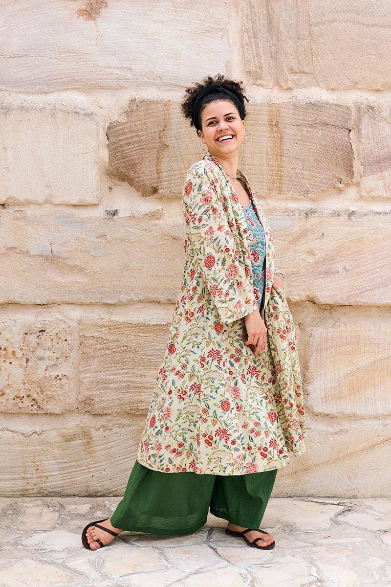 Womens, Tula Coat in Rumi, Avanna Pants in Juniper and Sita Tunic in Celeste. 100% cotton, hand block print.
