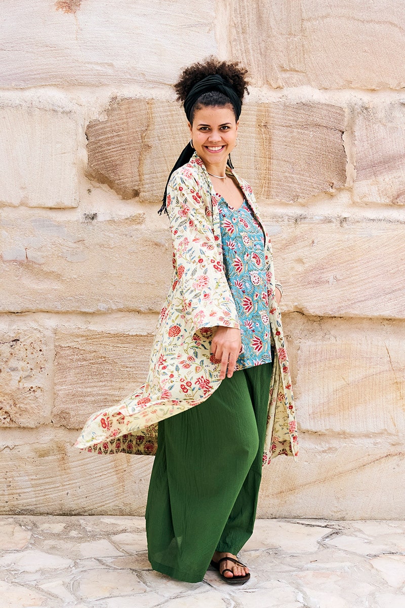 Womens, Tula Coat in Rumi, Avanna Pants in Juniper and Sita Tunic in Celeste. 100% cotton, hand block print.