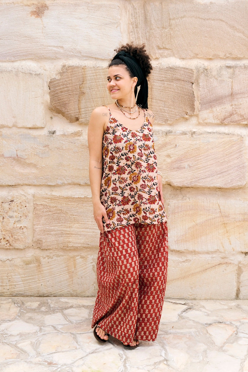 Womens, Apanna Pants in Henna Floret and Sita Tunic in Autumn. 100% cotton, hand block print.