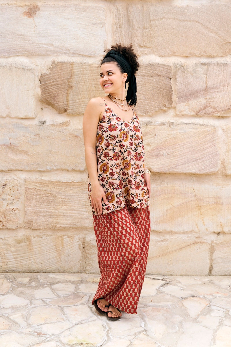 Womens, Apanna Pants in Henna Floret and Sita Tunic in Autumn. 100% cotton, hand block print.