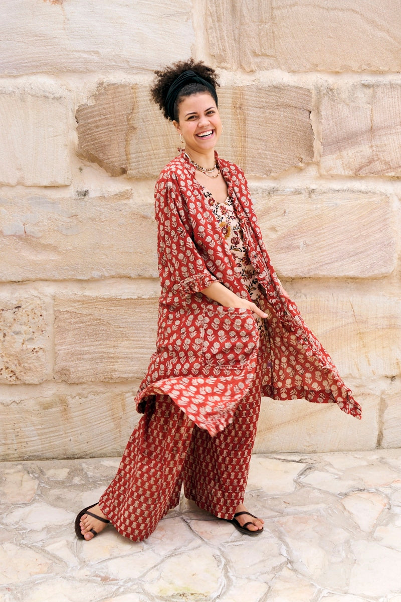 Womens, Shimla Coat in Kalika, Apanna Pants in Henna Floret and Sita Tunic in Autumn. 100% cotton, hand block print.