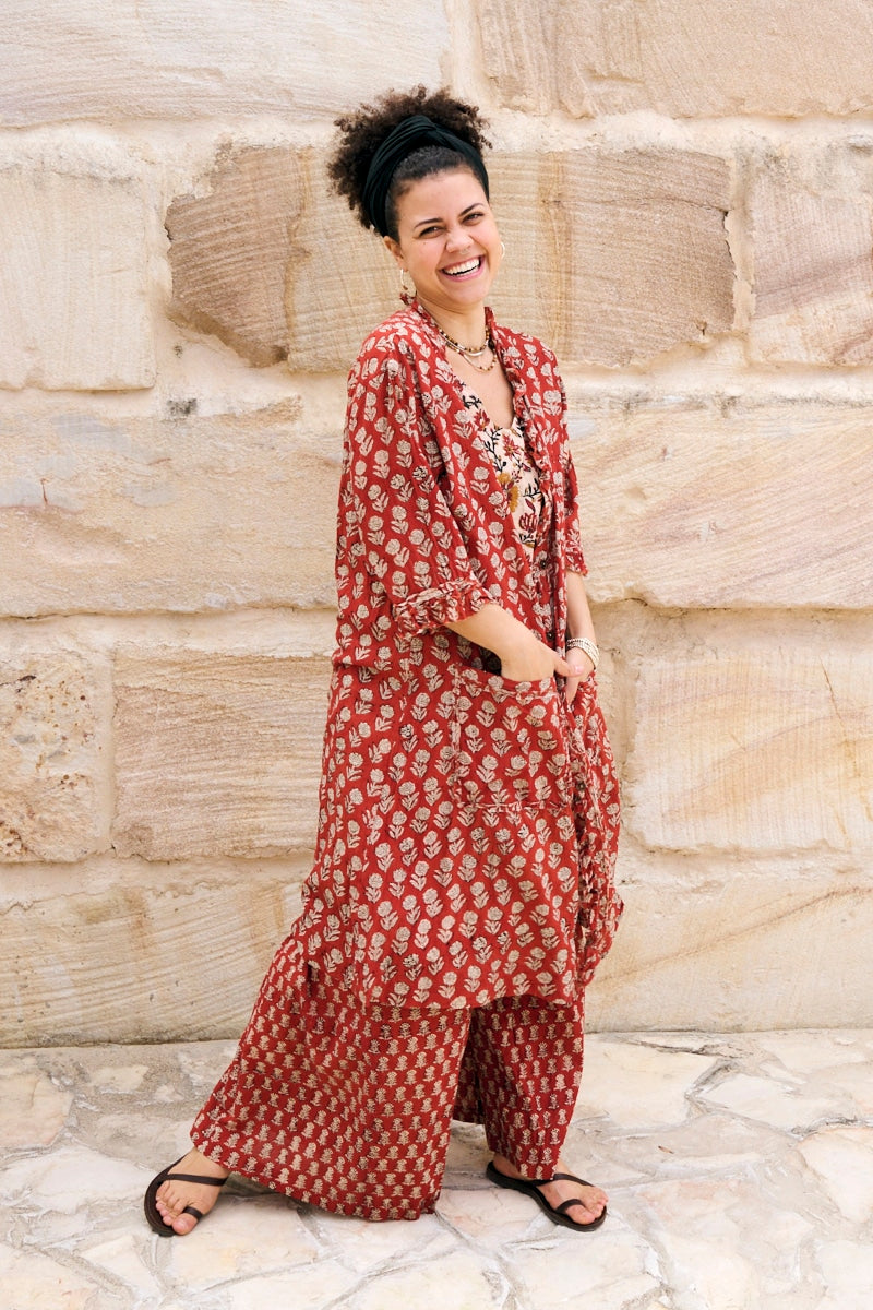 Womens, Shimla Coat in Kalika, Apanna Pants in Henna Floret and Sita Tunic in Autumn. 100% cotton, hand block print.