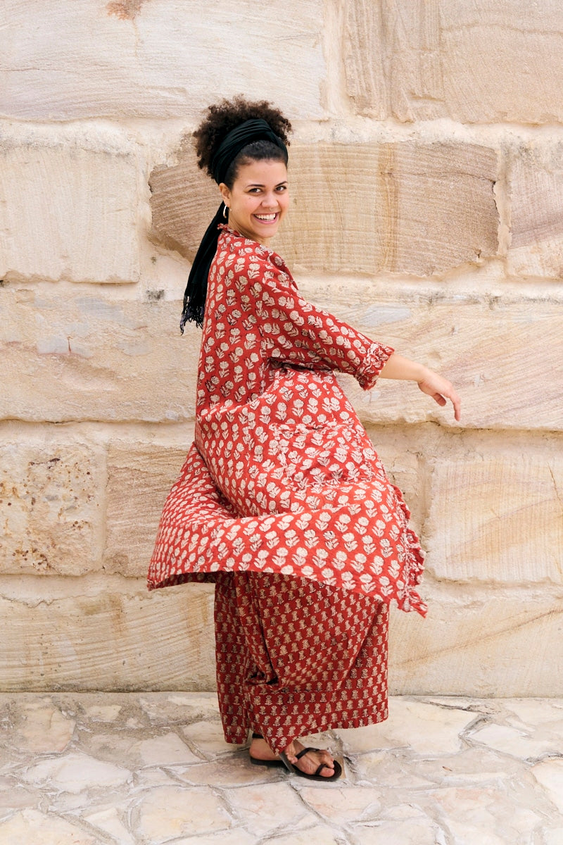 Womens, Shimla Coat in Kalika, Apanna Pants in Henna Floret and Sita Tunic in Autumn. 100% cotton, hand block print.