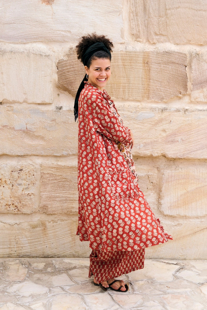 Womens, Shimla Coat in Kalika, Apanna Pants in Henna Floret and Sita Tunic in Autumn. 100% cotton, hand block print.