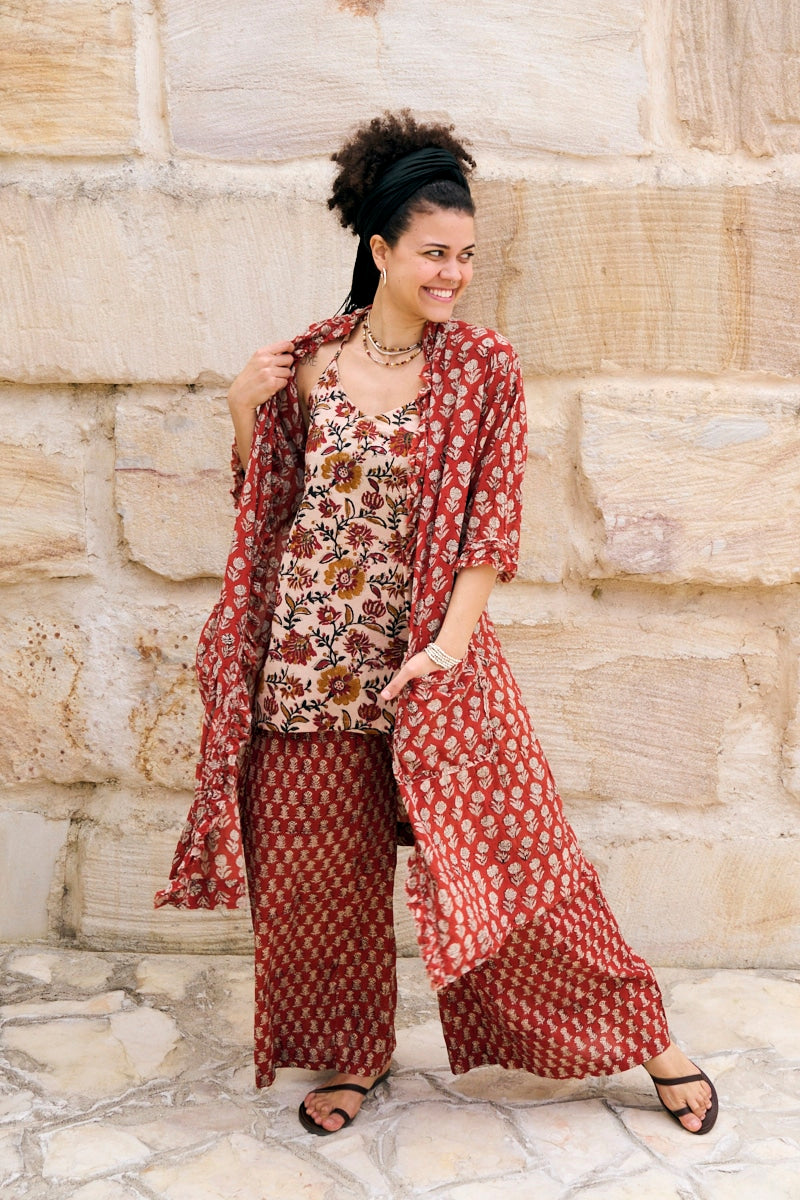 Womens, Shimla Coat in Kalika, Apanna Pants in Henna Floret and Sita Tunic in Autumn. 100% cotton, hand block print.