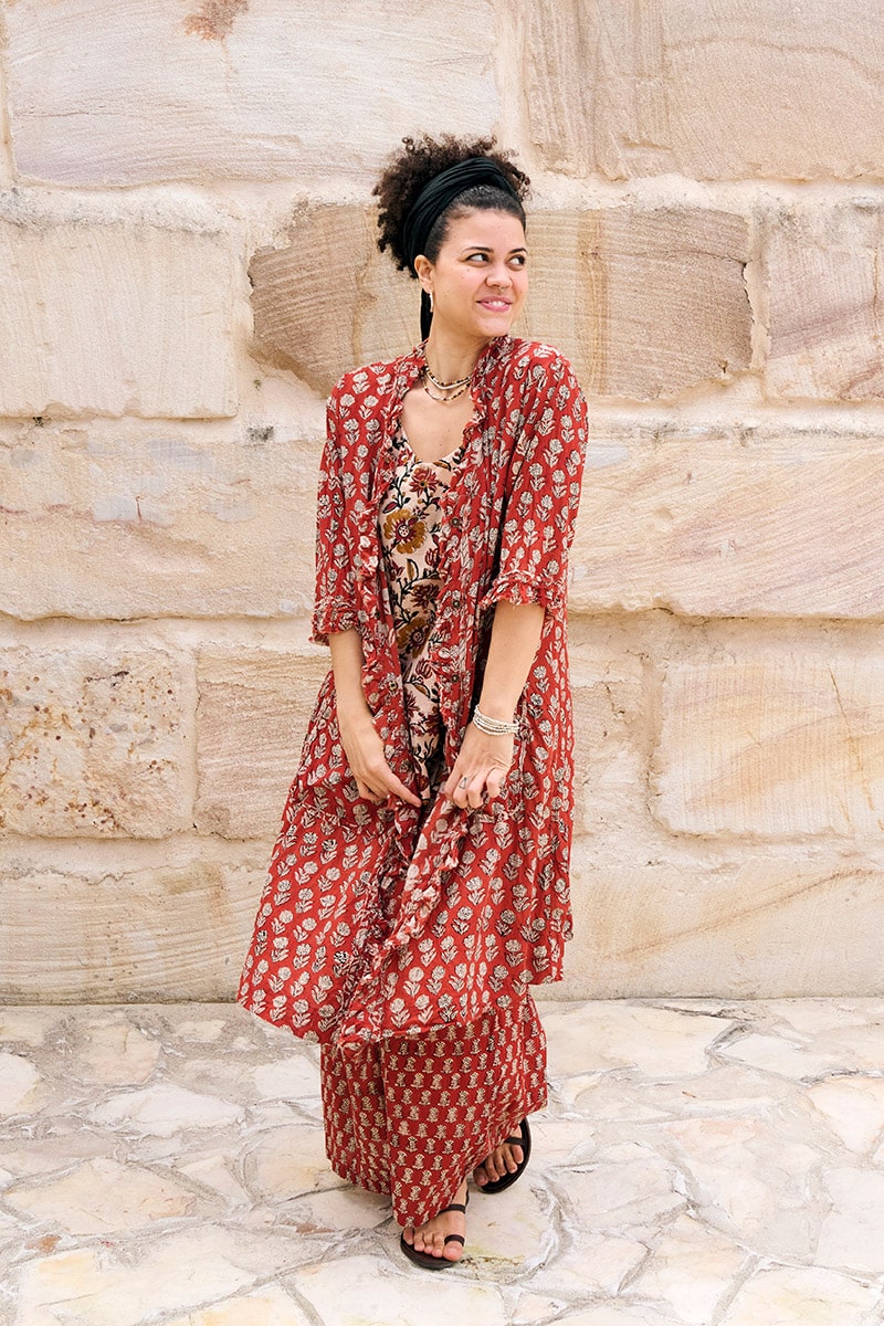 Womens, Shimla Coat in Kalika, Apanna Pants in Henna Floret and Sita Tunic in Autumn. 100% cotton, hand block print.