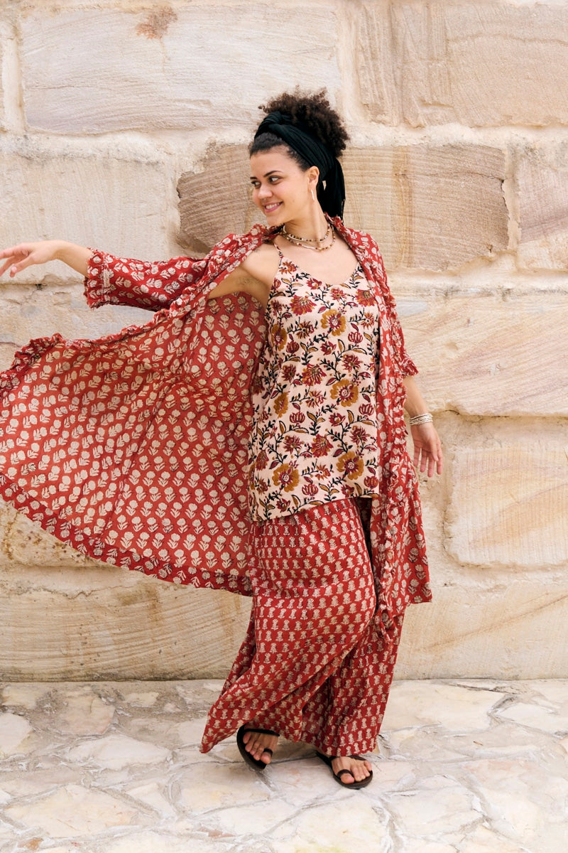 Womens, Shimla Coat in Kalika, Apanna Pants in Henna Floret and Sita Tunic in Autumn. 100% cotton, hand block print.