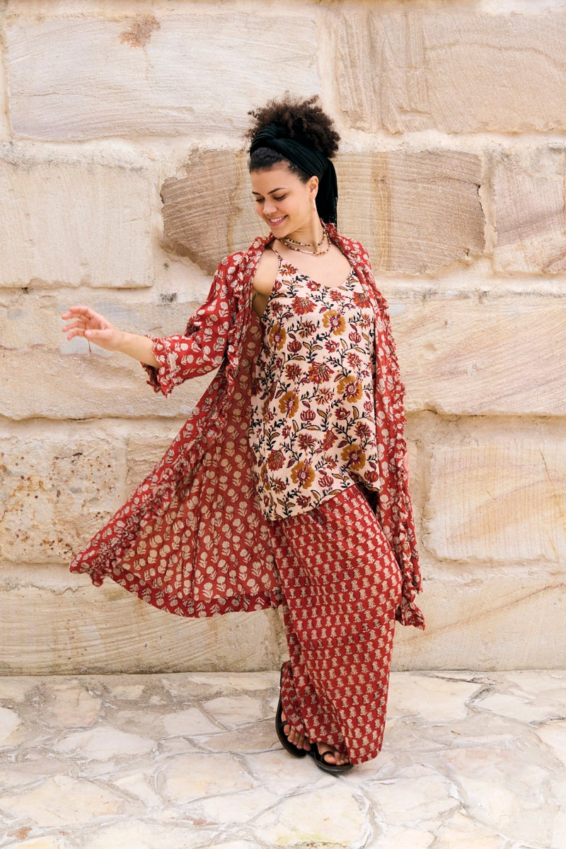 Womens, Shimla Coat in Kalika, Apanna Pants in Henna Floret and Sita Tunic in Autumn. 100% cotton, hand block print.