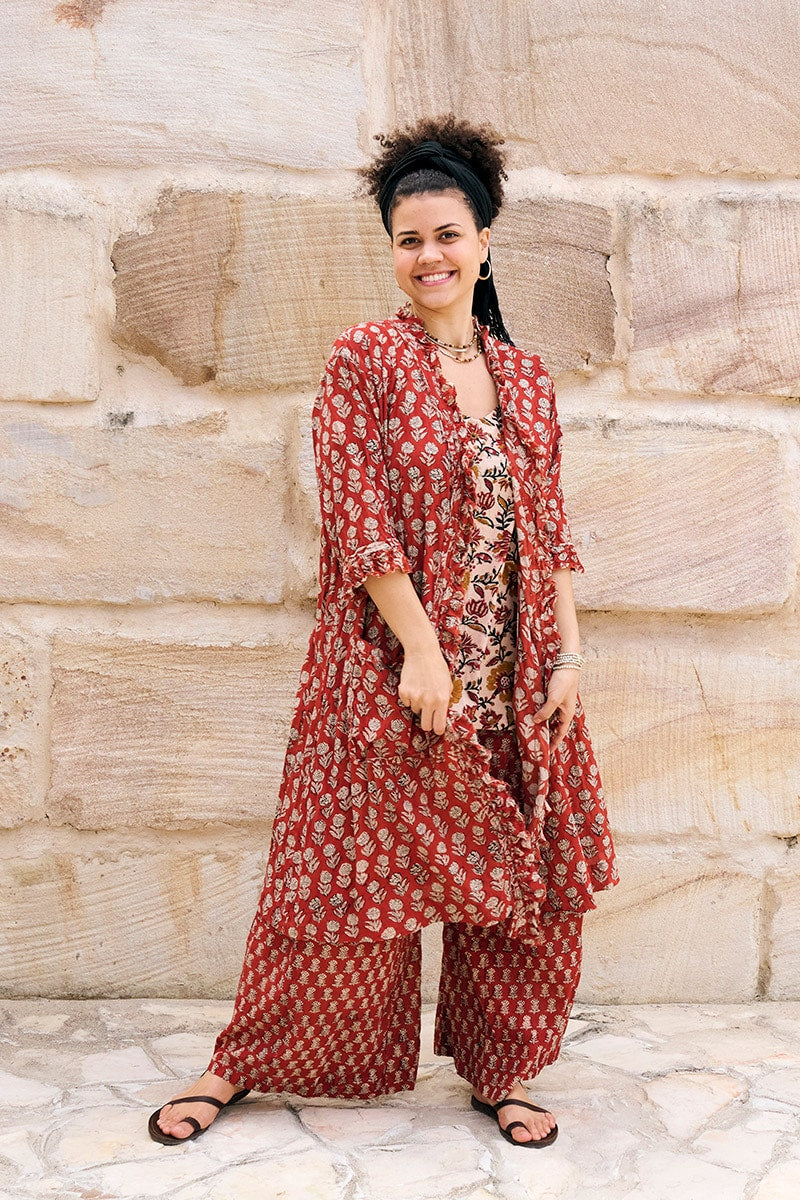 Womens, Shimla Coat in Kalika, Apanna Pants in Henna Floret and Sita Tunic in Autumn. 100% cotton, hand block print.