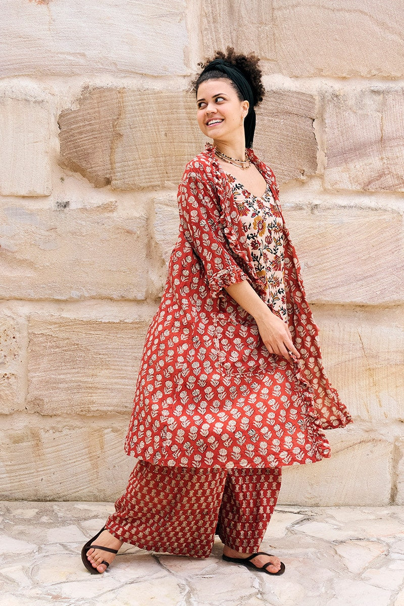 Womens, Shimla Coat in Kalika, Apanna Pants in Henna Floret and Sita Tunic in Autumn. 100% cotton, hand block print.