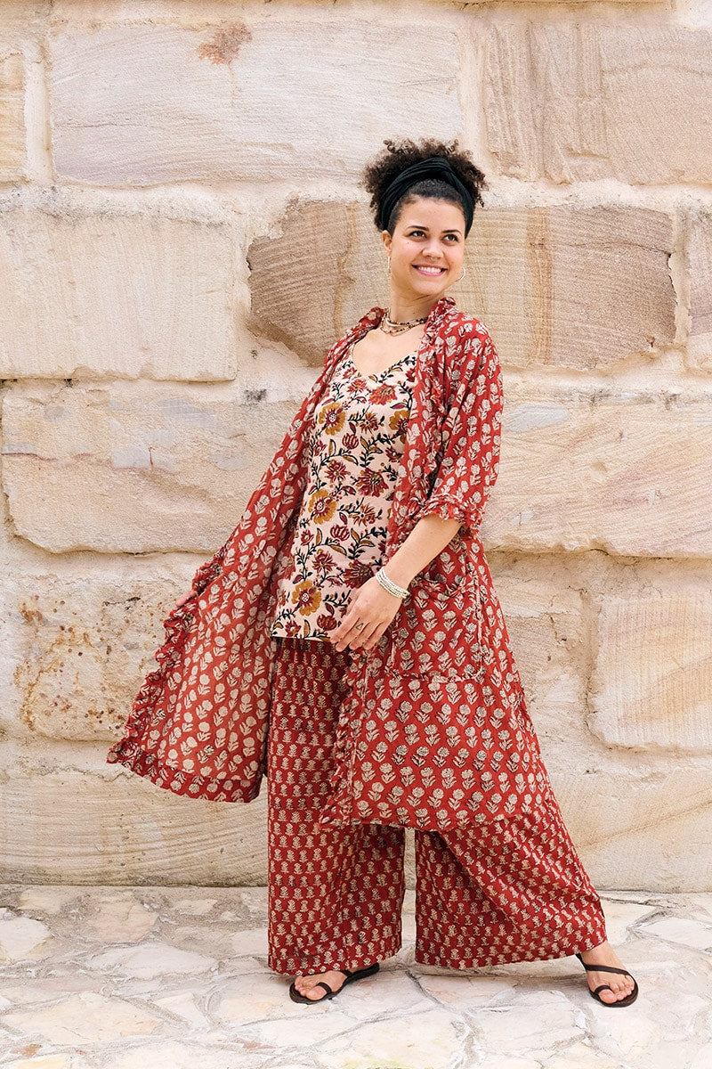 Womens, Shimla Coat in Kalika, Apanna Pants in Henna Floret and Sita Tunic in Autumn. 100% cotton, hand block print.