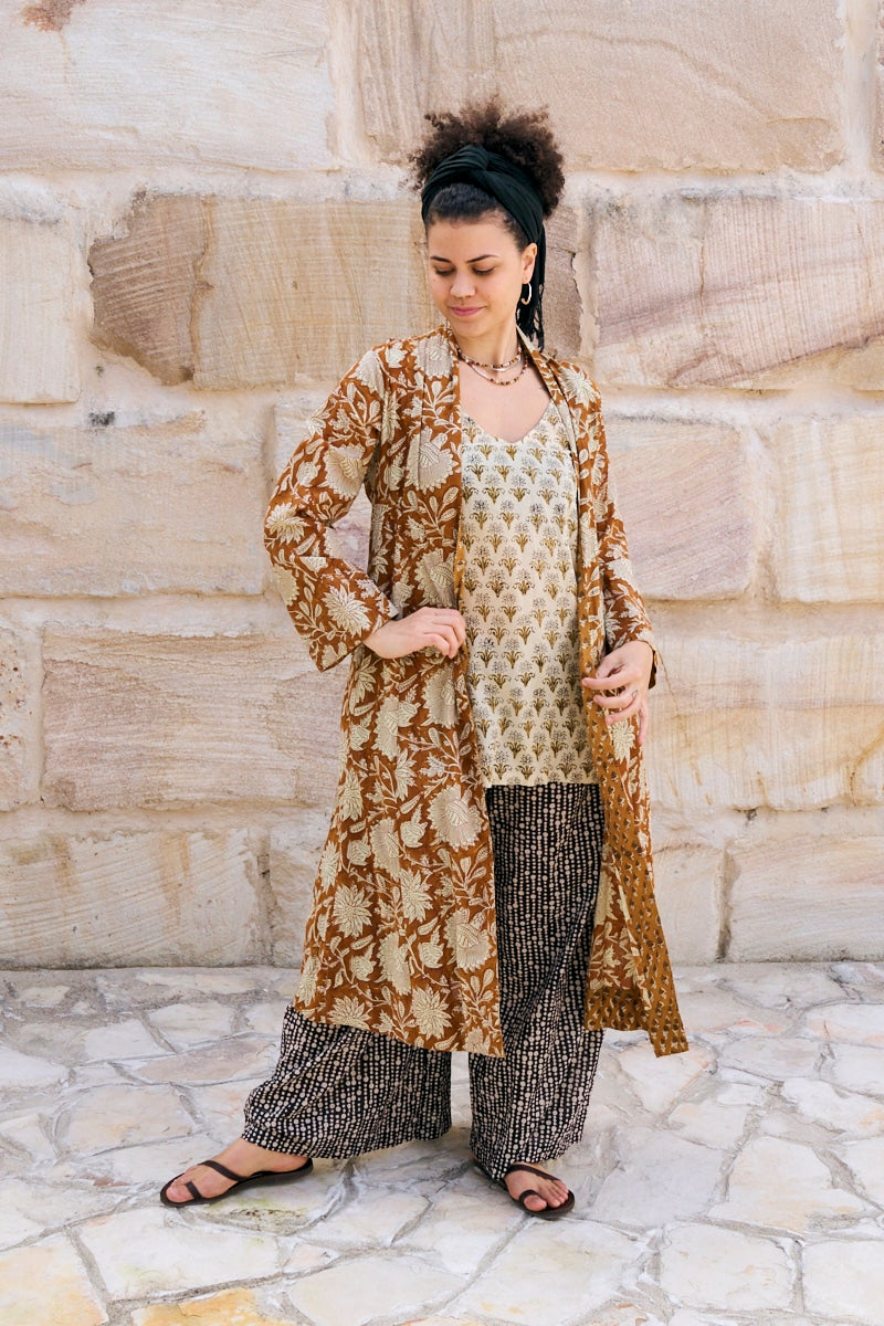Womens, Tula Coat in Masala, Apanna Pants in Stella and Sita Tunic in Habitat. 100% cotton, hand block print.