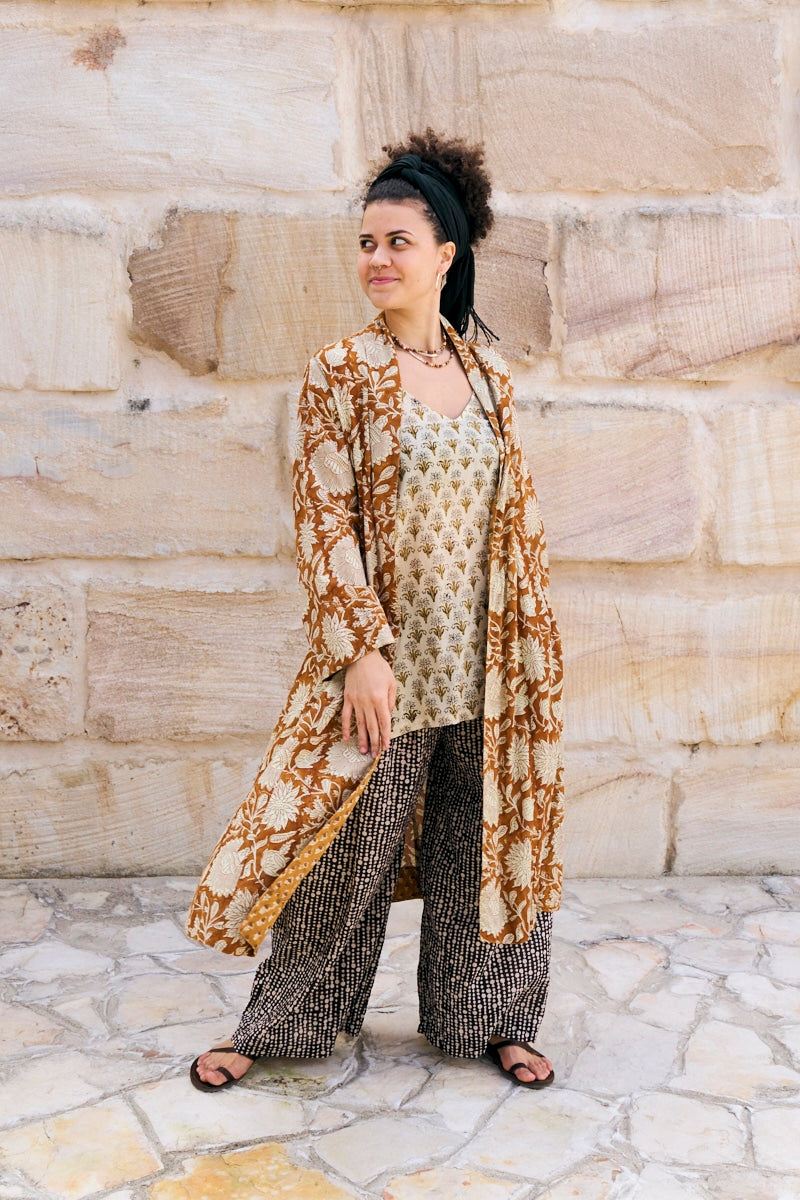 Womens, Tula Coat in Masala, Apanna Pants in Stella and Sita Tunic in Habitat. 100% cotton, hand block print.