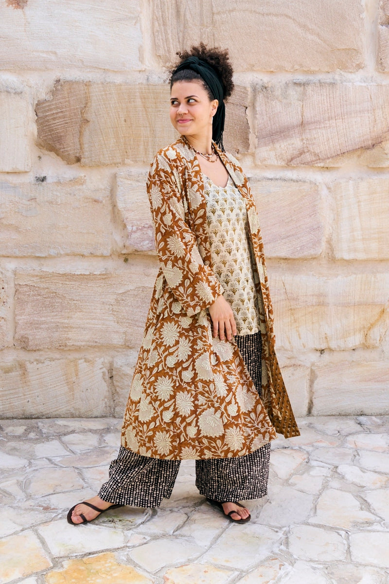 Womens, Tula Coat in Masala, Apanna Pants in Stella and Sita Tunic in Habitat. 100% cotton, hand block print.