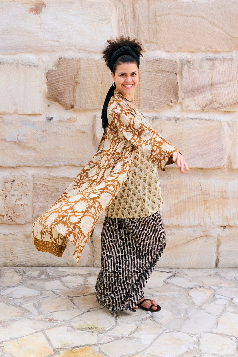 Womens, Tula Coat in Masala, Apanna Pants in Stella and Sita Tunic in Habitat. 100% cotton, hand block print.