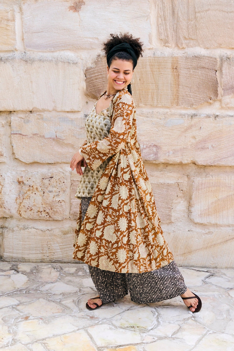 Womens, Tula Coat in Masala, Apanna Pants in Stella and Sita Tunic in Habitat. 100% cotton, hand block print.
