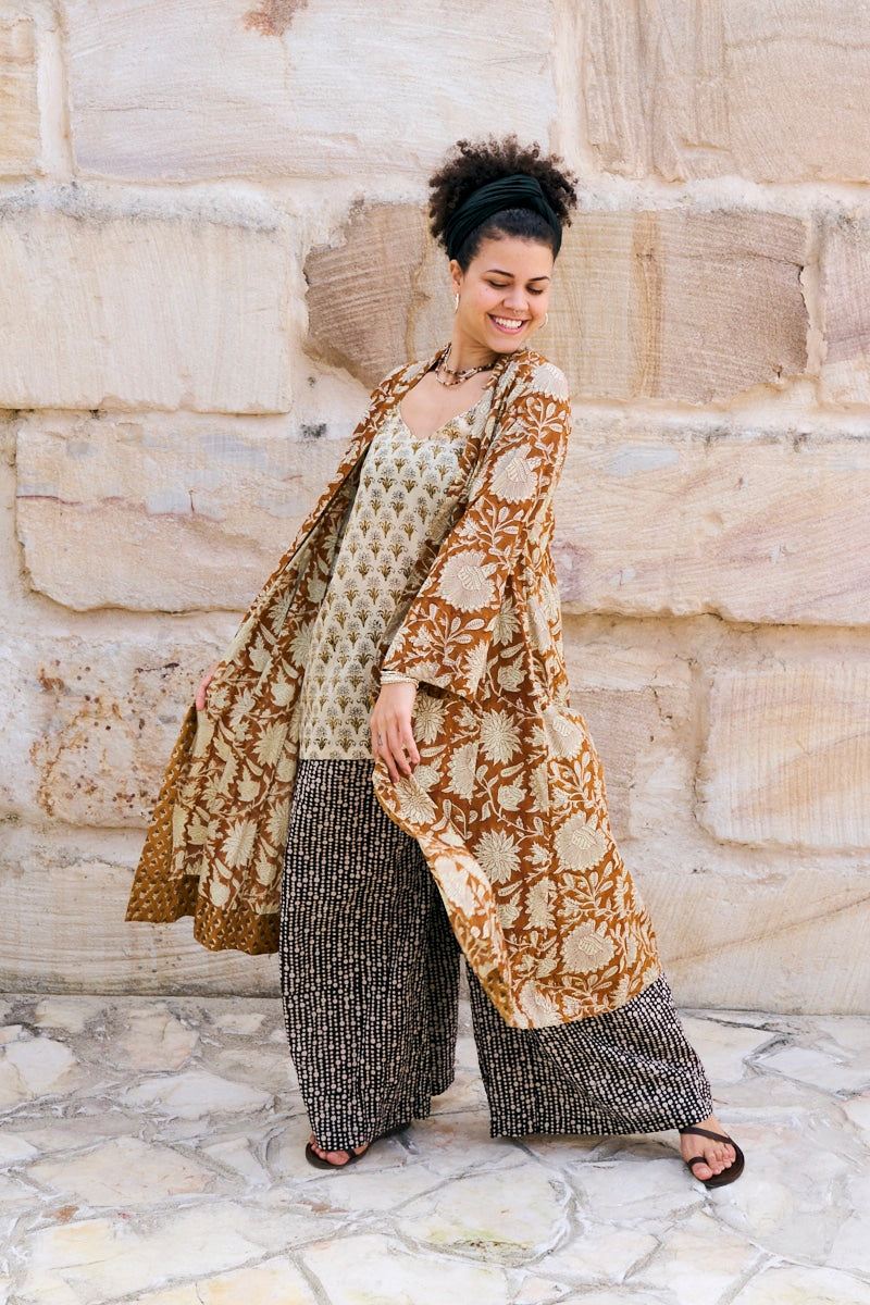 Womens, Tula Coat in Masala, Apanna Pants in Stella and Sita Tunic in Habitat. 100% cotton, hand block print.