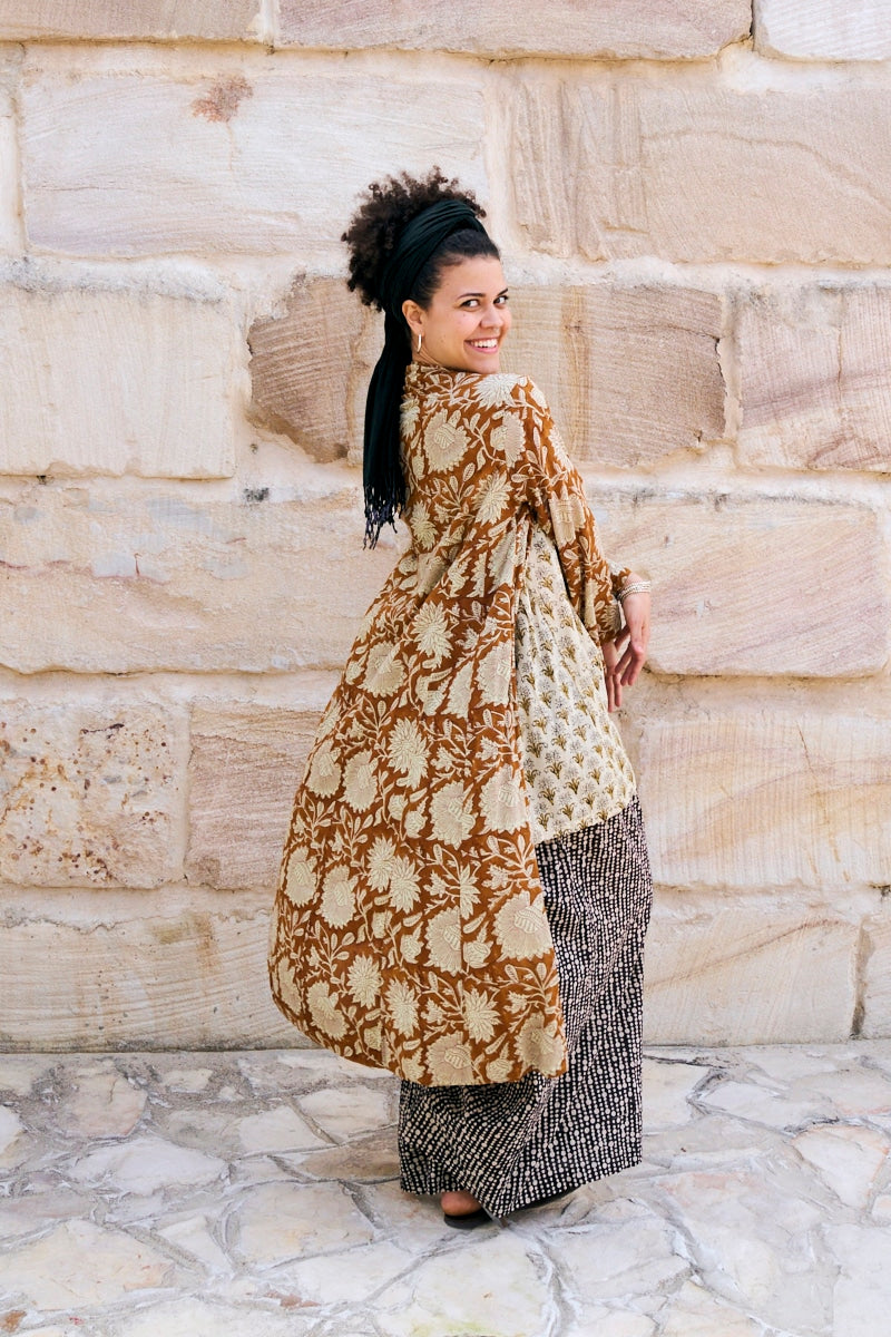 Womens, Tula Coat in Masala, Apanna Pants in Stella and Sita Tunic in Habitat. 100% cotton, hand block print.