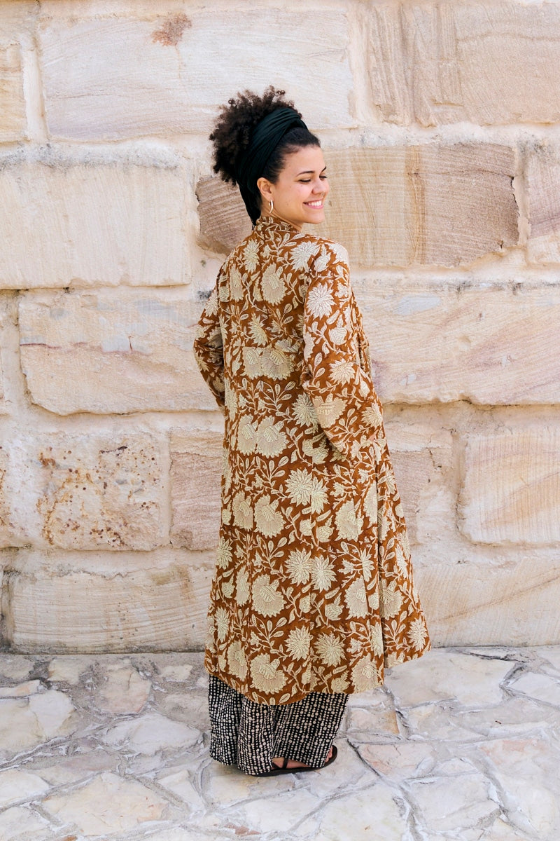 Womens, Tula Coat in Masala, Apanna Pants in Stella and Sita Tunic in Habitat. 100% cotton, hand block print.