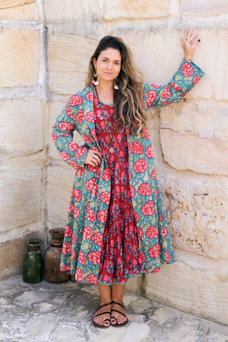 Womens, Tula Coat in Bellisse, Flamenco Dress with sleeves, midi, in Ruby Veda. 100% Cotton, hand block print.