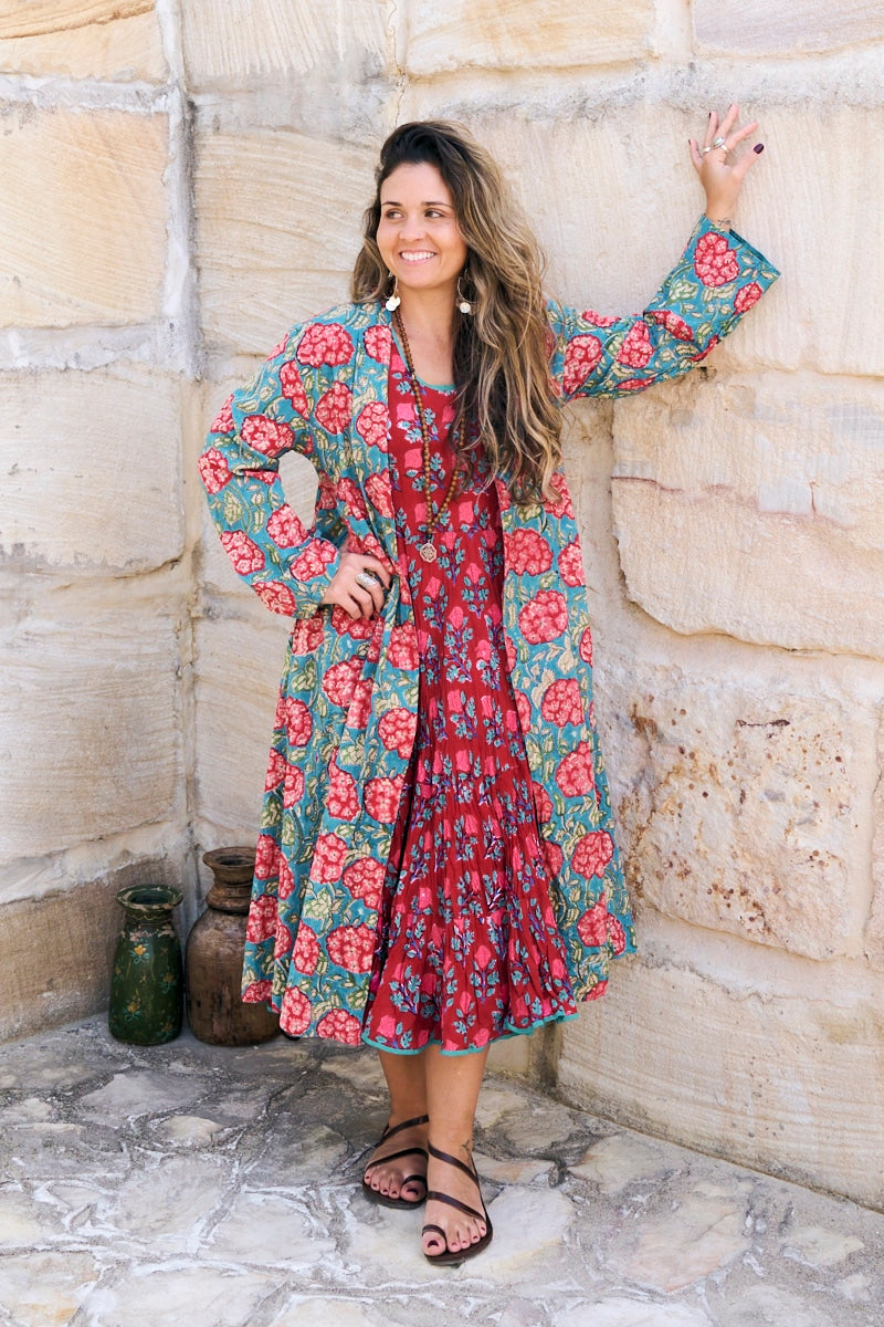 Womens, Tula Coat in Bellisse, Flamenco Dress with sleeves, midi, in Ruby Veda. 100% Cotton, hand block print.