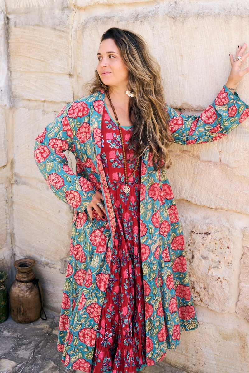 Womens, Tula Coat in Bellisse, Flamenco Dress with sleeves, midi, in Ruby Veda. 100% Cotton, hand block print.