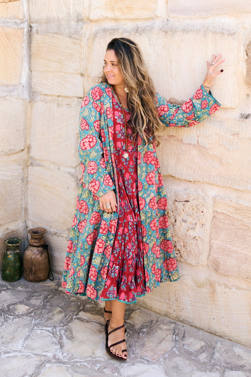 Womens, Tula Coat in Bellisse, Flamenco Dress with sleeves, midi, in Ruby Veda. 100% Cotton, hand block print.