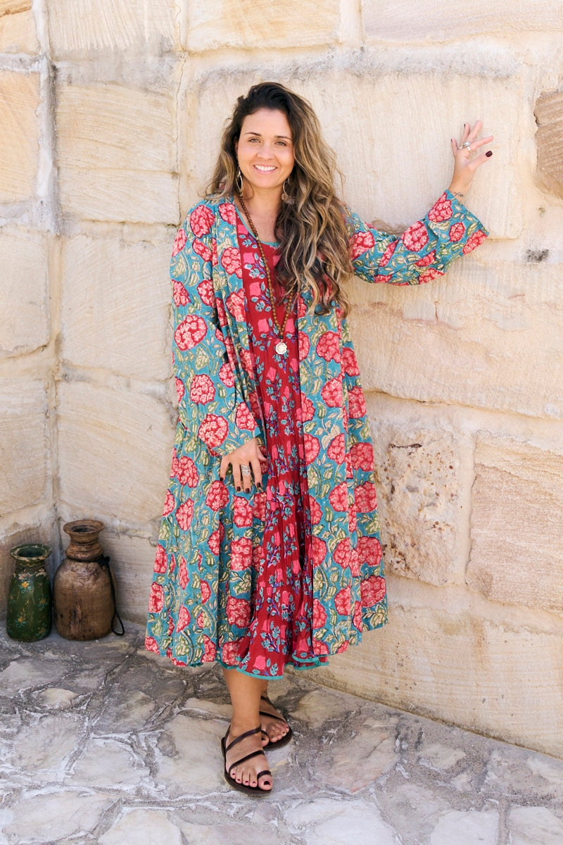Womens, Tula Coat in Bellisse, Flamenco Dress with sleeves, midi, in Ruby Veda. 100% Cotton, hand block print.