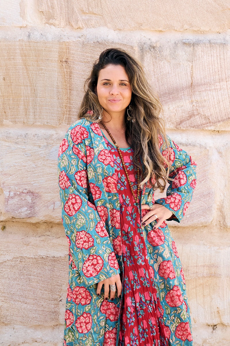 Womens, Tula Coat in Bellisse, Flamenco Dress with sleeves, midi, in Ruby Veda. 100% Cotton, hand block print.