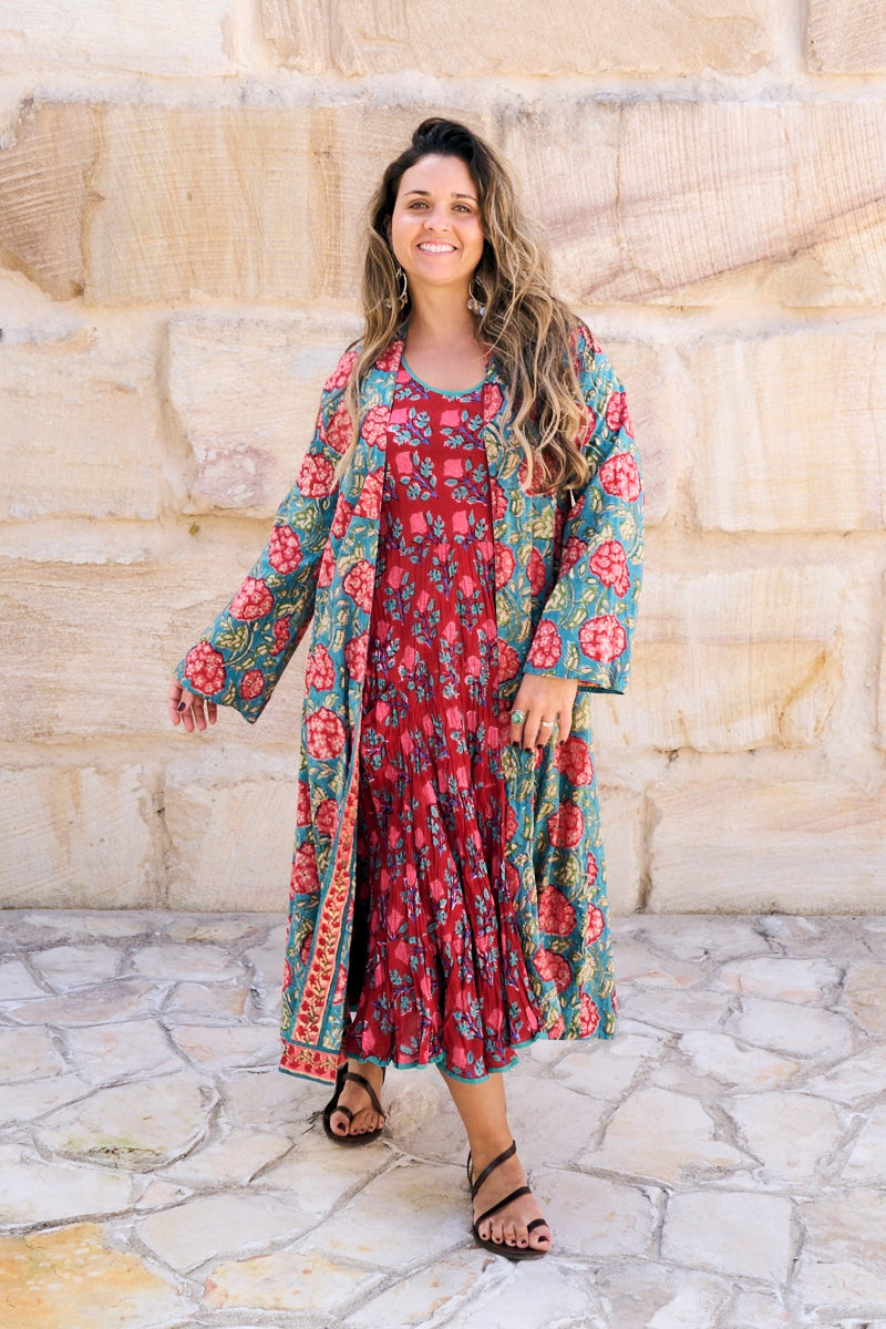 Womens, Tula Coat in Bellisse, Flamenco Dress with sleeves, midi, in Ruby Veda. 100% Cotton, hand block print.