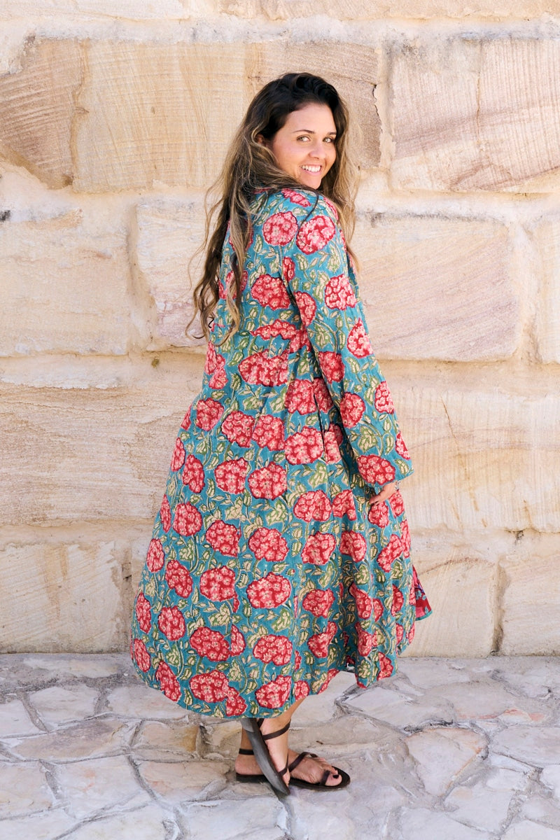 Womens, Tula Coat in Bellisse, Flamenco Dress with sleeves, midi, in Ruby Veda. 100% Cotton, hand block print.