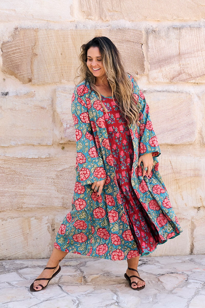 Womens, Tula Coat in Bellisse, Flamenco Dress with sleeves, midi, in Ruby Veda. 100% Cotton, hand block print.