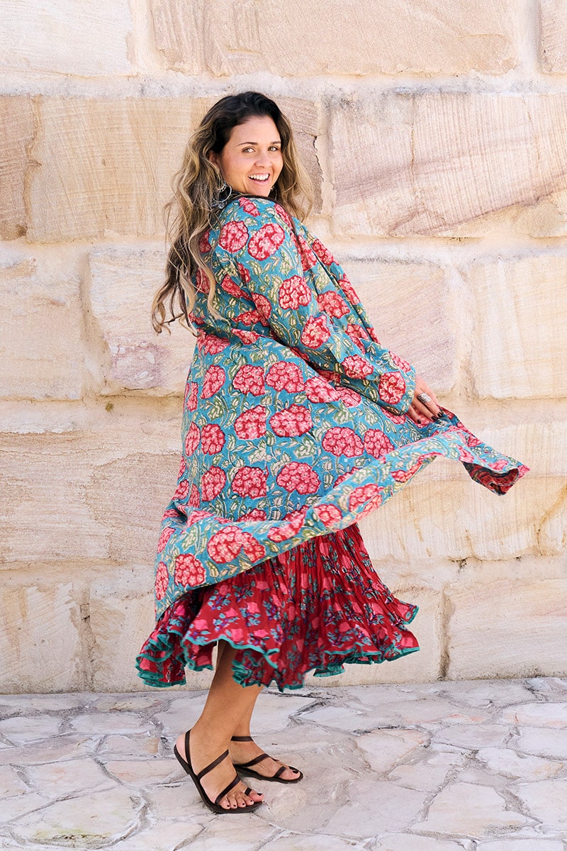 Womens, Tula Coat in Bellisse, Flamenco Dress with sleeves, midi, in Ruby Veda. 100% Cotton, hand block print.